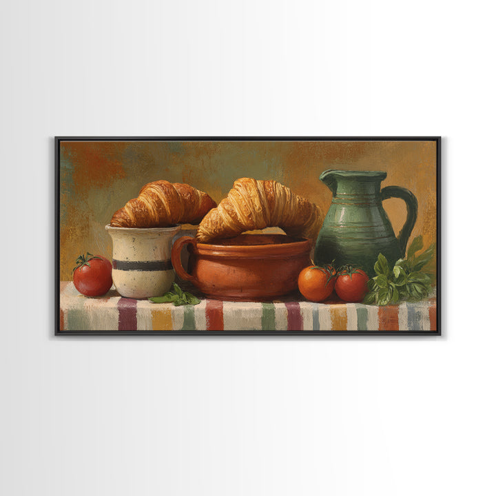 Buttery Croissants Stacked on Striped Linen Canvas Print, Bakery Art, Colorful Wall Art, Bakery Decor, Abstract Art, Patisserie, BAK-2x1-93