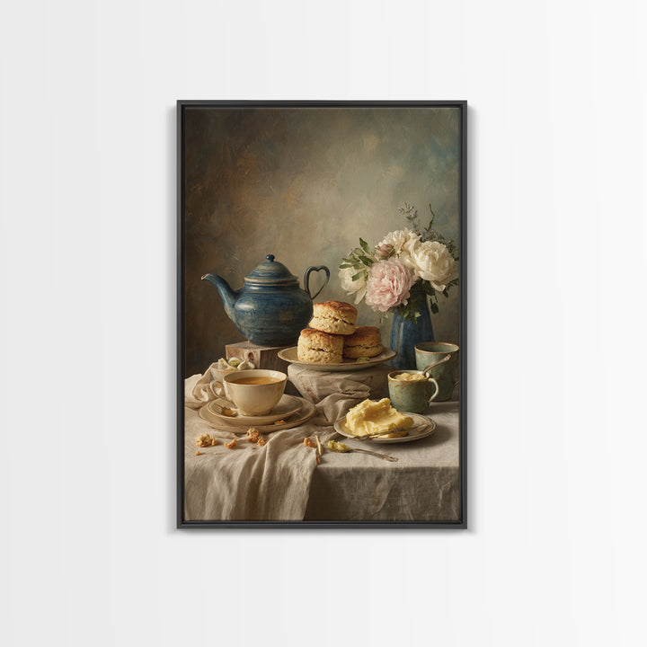Tea and Scone Arrangement Framed Canvas Print, Bakery Art, Printable Wall Art, Bakery Decor, Patisserie, Coffee Wall Art, BAK-2x3-100