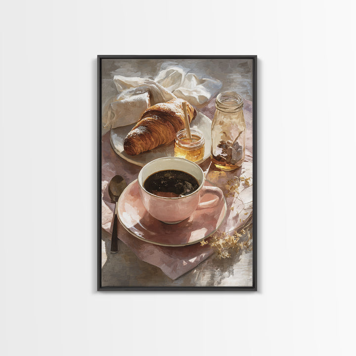 Painterly Eclair and Coffee Still Life Framed Canvas Print, Bakery Art, Kitchen Prints, Bakery Decor, Oil Painting, Patisserie, BAK-2x3-20