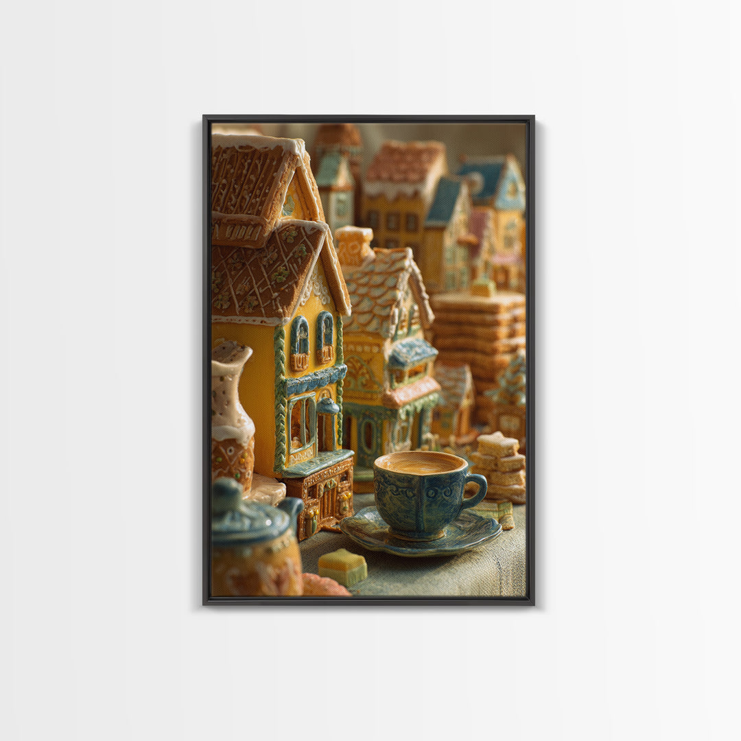 Gingerbread Houses in Charming Folk Art Style Framed Canvas Print, Bakery Art, Wall Decor, Bakery Decor, Fine Art, Patisserie, BAK-2x3-22
