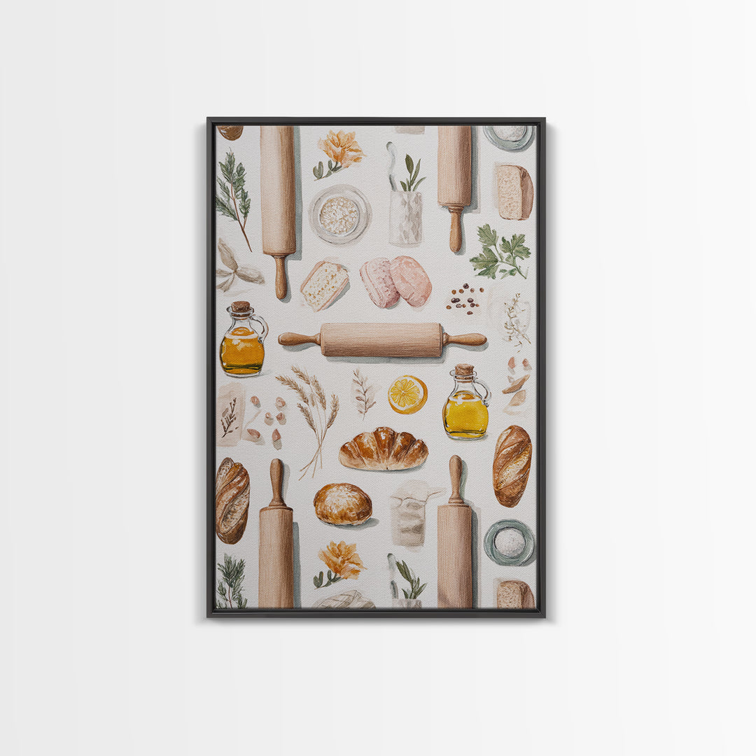 Patisserie Pattern of Rolling Pins and Pastries Canvas Print, Bakery Art, Printable Art, Bakery Decor, Watercolor Art, BAK-2x3-29