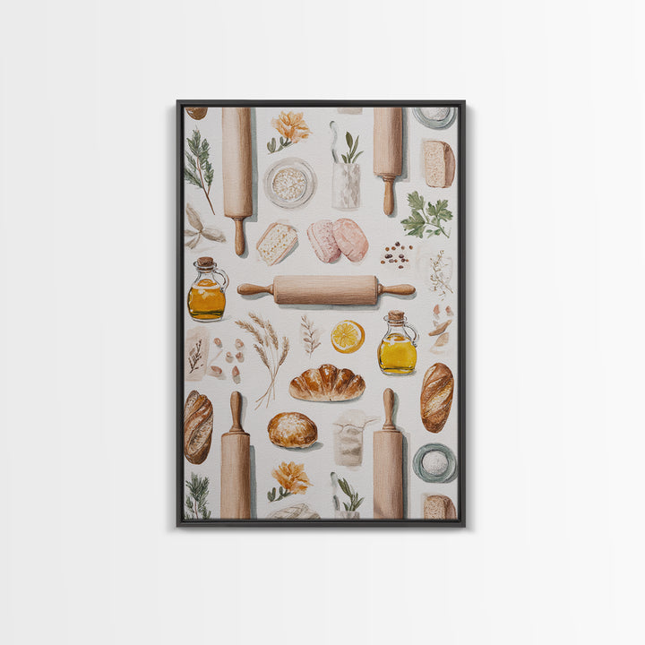 Patisserie Pattern of Rolling Pins and Pastries Canvas Print, Bakery Art, Printable Art, Bakery Decor, Watercolor Art, BAK-2x3-29