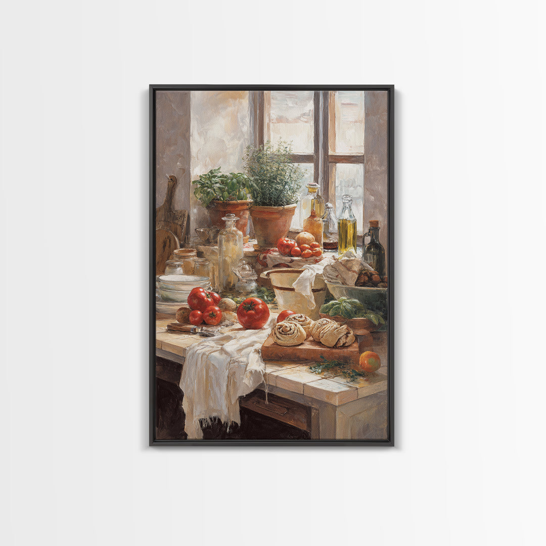 Cinnamon Rolls in a Warm Country Kitchen Framed Canvas Print, Bakery Art, Watercolor Painting, Bakery Decor, Patisserie, BAK-2x3-43