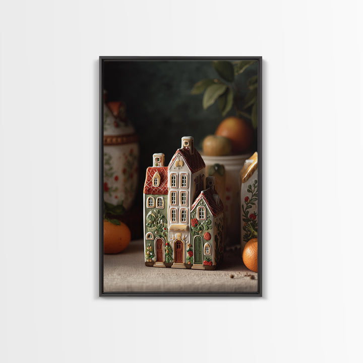 Gingerbread Houses in Charming Folk Art Style Framed Canvas Print, Bakery Art, Wall Decor, Bakery Decor, Fine Art, Patisserie, BAK-2x3-46