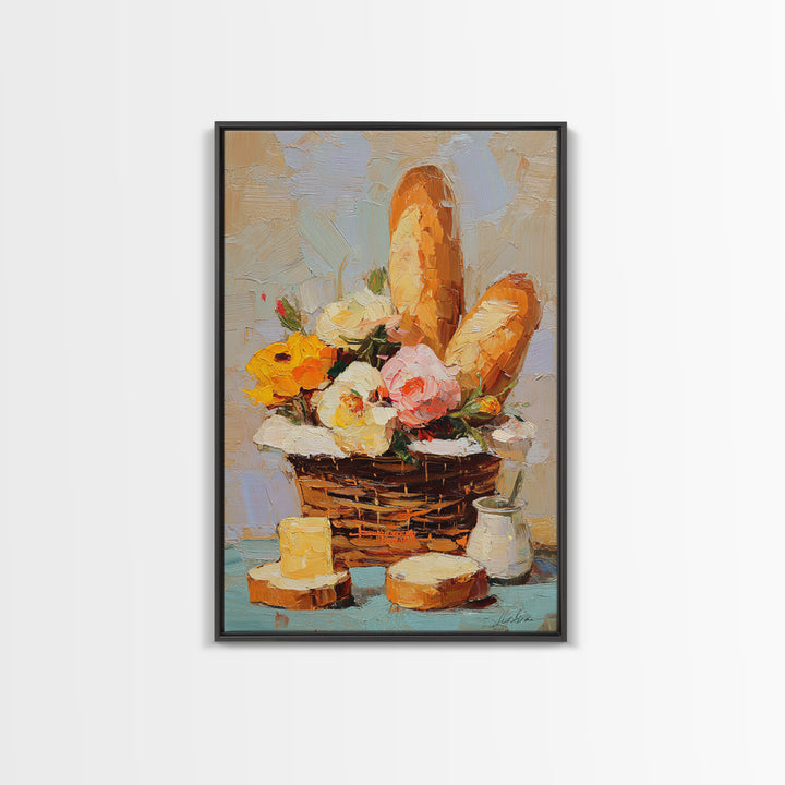 French Market Basket Filled Canvas Print, Bakery Art, Print, Bakery Decor, Oil Painting, Patisserie, Food Art, Kitchen Print, BAK-2x3-50