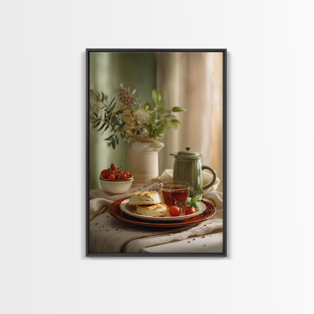 Tea and Scone Arrangement Framed Canvas Print, Bakery Art, Wall Decor, Bakery Decor, Fine Art, Patisserie, Kitchen Prints, BAK-2x3-52