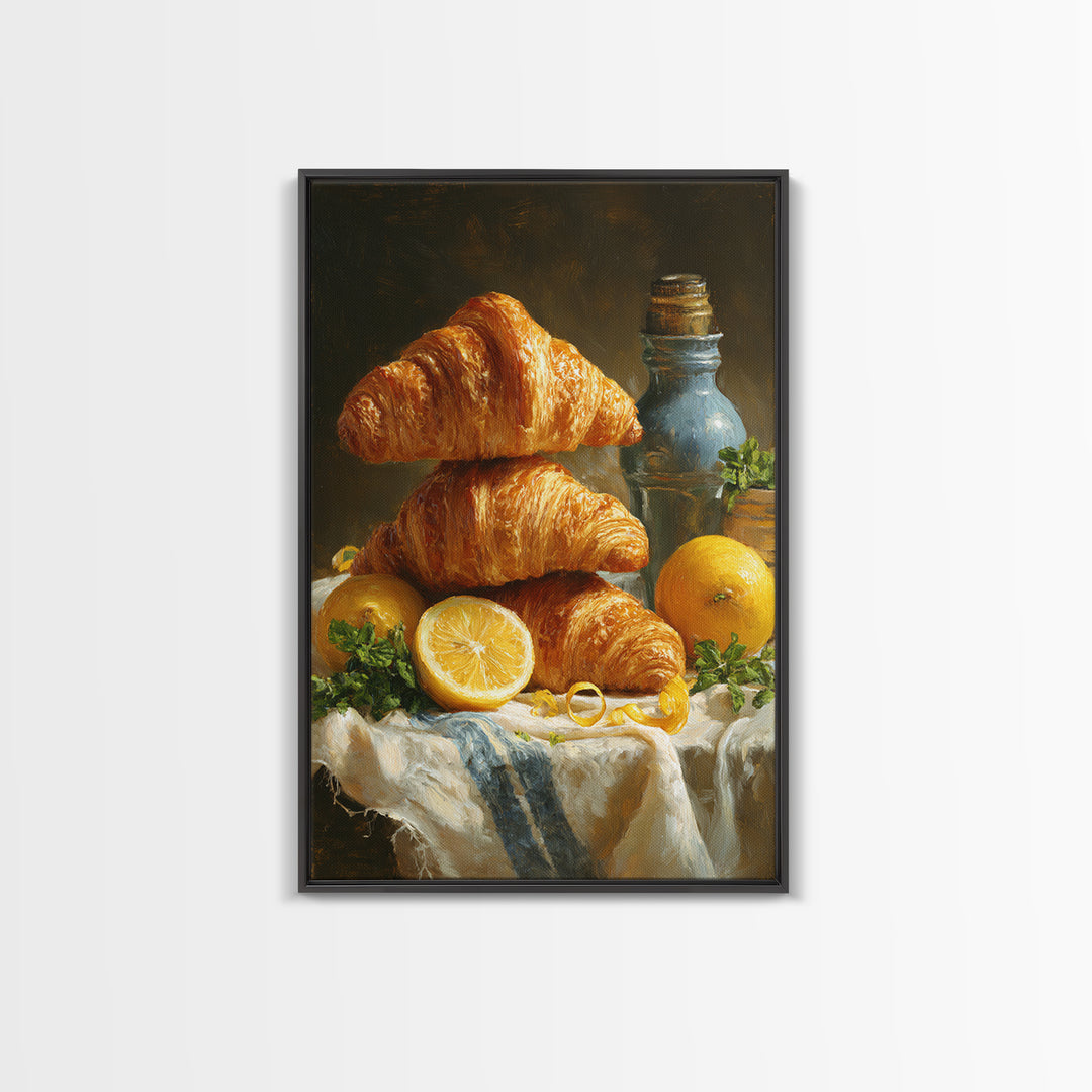 Buttery Croissants Stacked on Striped Linen Canvas Print, Bakery Art, Watercolor Print, Bakery Decor, Fine Art, Patisserie, BAK-2x3-57