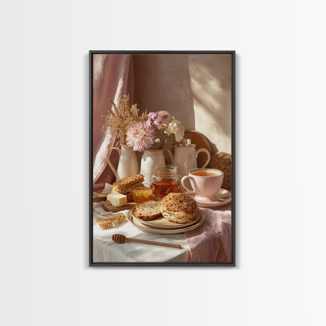 Tea and Scone Arrangement Framed Canvas Print, Bakery Art, Whimsical Wall Art, Bakery Decor, Fine Art, Patisserie, Luxury Decor, BAK-2x3-76