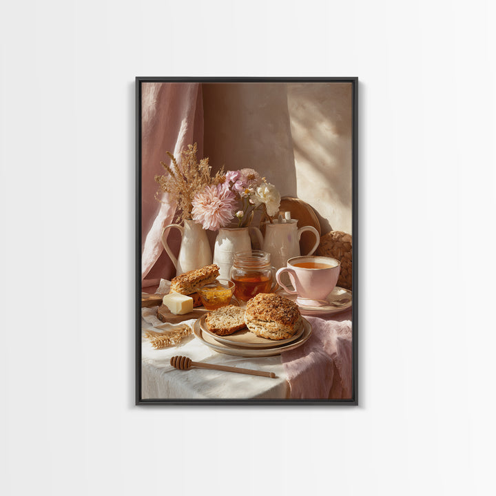 Tea and Scone Arrangement Framed Canvas Print, Bakery Art, Whimsical Wall Art, Bakery Decor, Fine Art, Patisserie, Luxury Decor, BAK-2x3-76