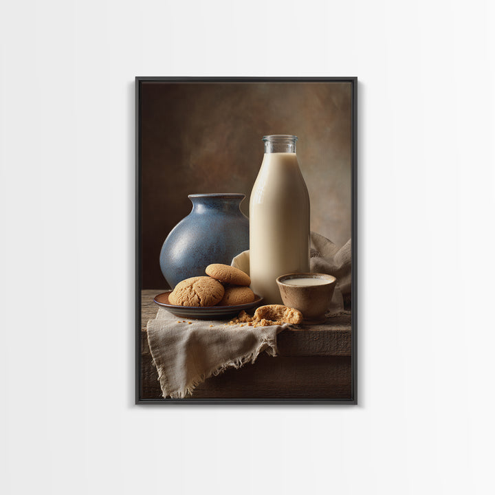 Milk Bottle and Cookies Nostalgic Still Life Framed Canvas Print, Bakery Art, Kitchen Art, Bakery Decor, Fine Art, Patisserie, BAK-2x3-78