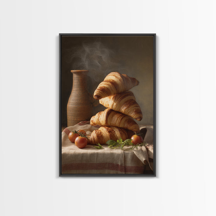 Buttery Croissants Stacked on Striped Linen Canvas Print, Bakery Art, Watercolor Print, Bakery Decor, Fine Art, Patisserie, BAK-2x3-81