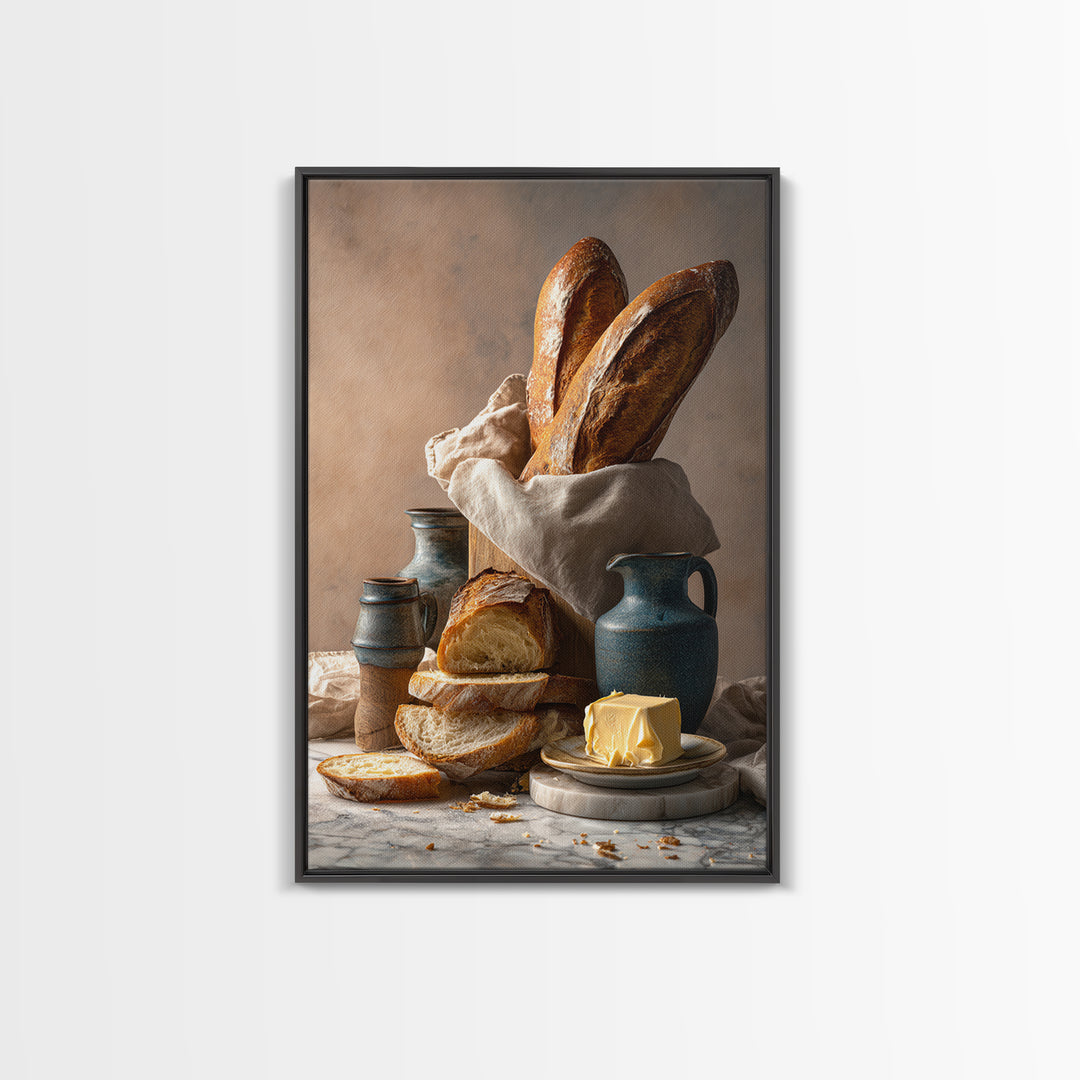 Baguette and Butter Still Life on Marble Framed Canvas Print, Bakery Art, Kitchen Print, Bakery Decor, Fine Art, Patisserie, BAK-2x3-88