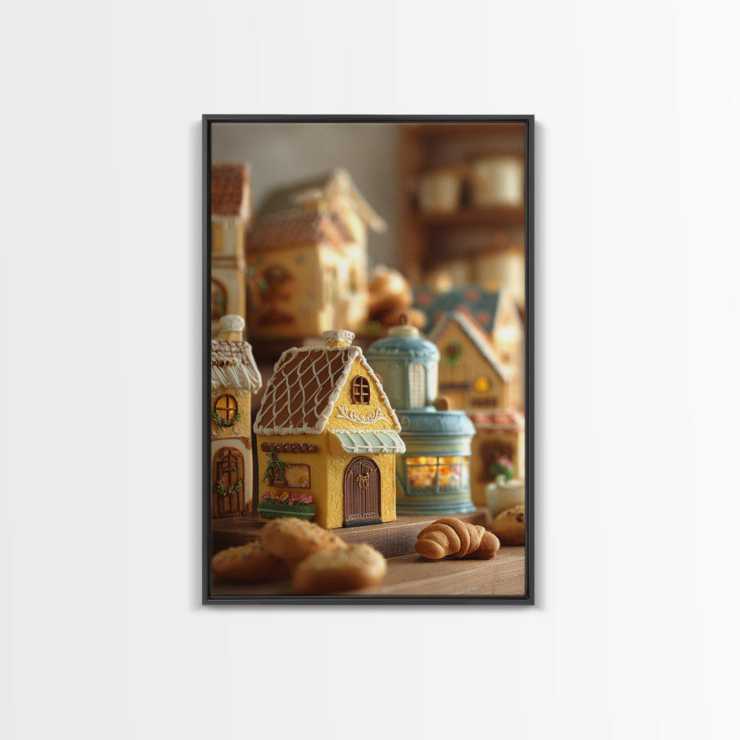 Gingerbread Houses in Charming Folk Art Style Framed Canvas Print, Bakery Art, Watercolor Art, Bakery Decor, Patisserie, BAK-2x3-94