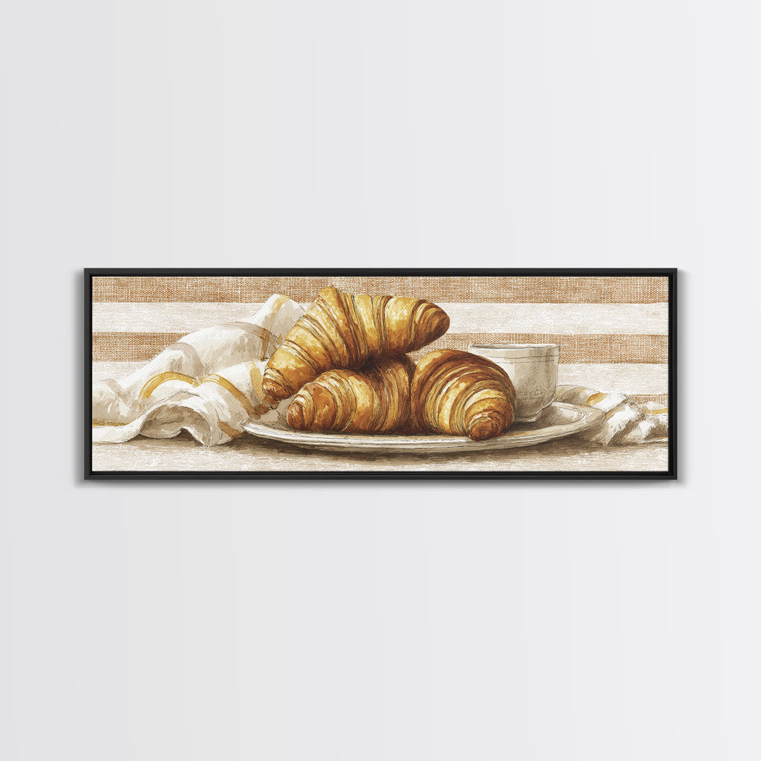 Buttery Croissants Stacked on Striped Linen Framed Canvas Print, Bakery Art, Dining Room Art, Bakery Decor, Abstract Art, BAK-3x1-17
