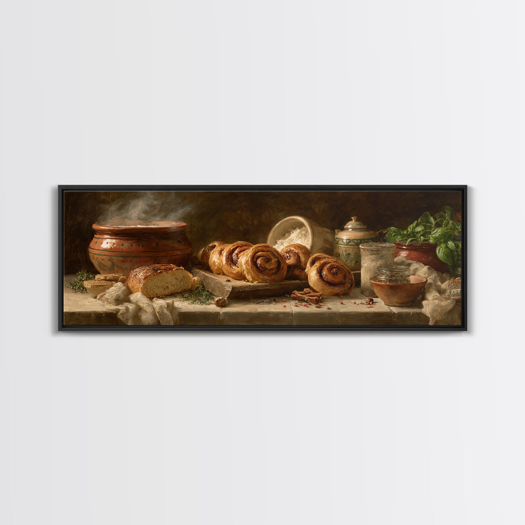 Cinnamon Rolls in a Warm Country Kitchen Framed Canvas Print, Bakery Art, Textured Painting, Bakery Decor, Fine Art, Patisserie, BAK-3x1-27