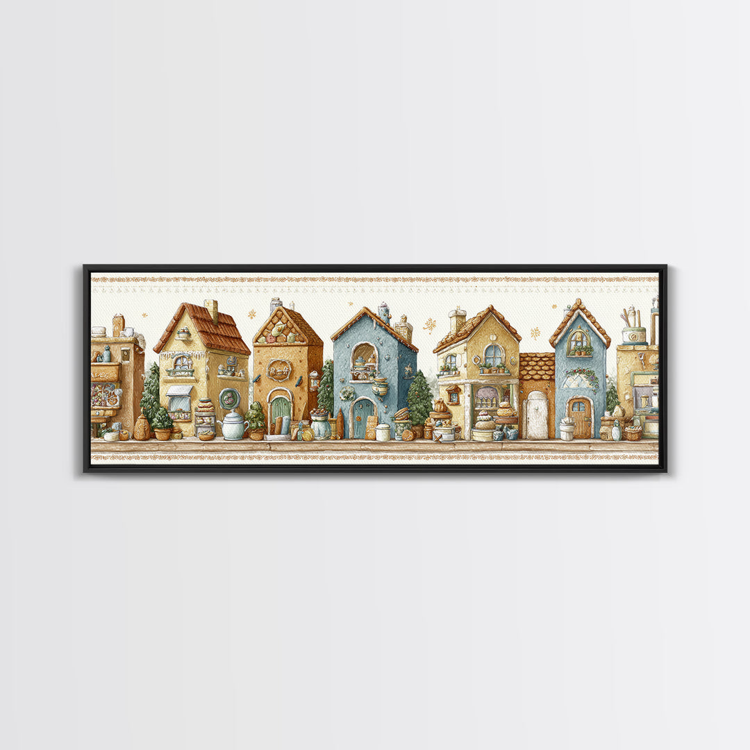 Gingerbread Houses in Charming Folk Art Style Canvas Print, Bakery Art, Whimsical Wall Art, Bakery Decor, Fine Art, Patisserie, BAK-3x1-6