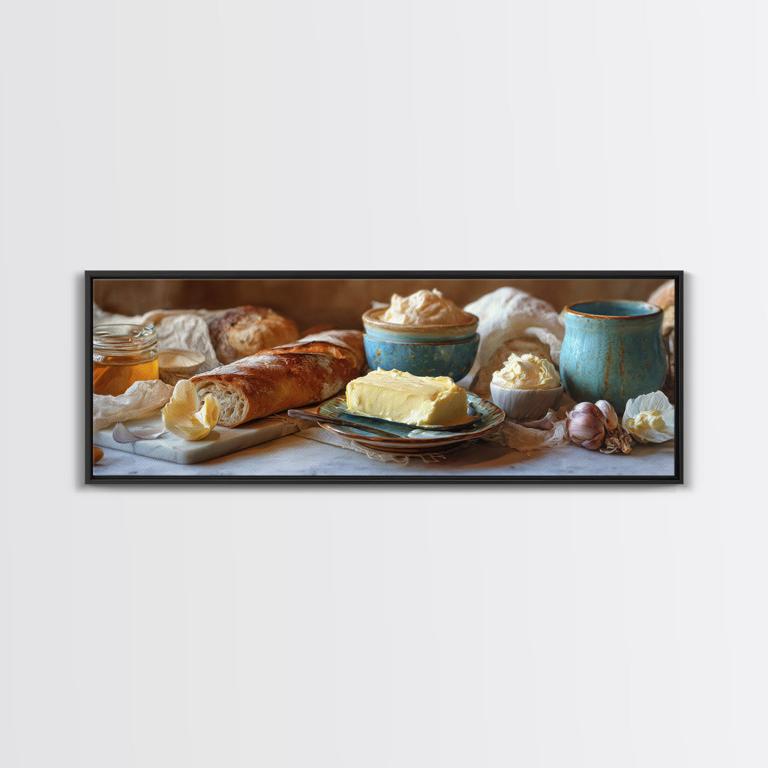 Baguette and Butter Still Life on Marble Framed Canvas Print, Bakery Art, Wall Decor, Bakery Decor, Fine Art, Patisserie, BAK-3x1-72