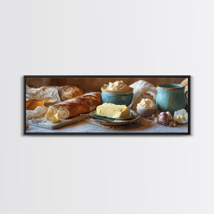 Baguette and Butter Still Life on Marble Framed Canvas Print, Bakery Art, Wall Decor, Bakery Decor, Fine Art, Patisserie, BAK-3x1-72