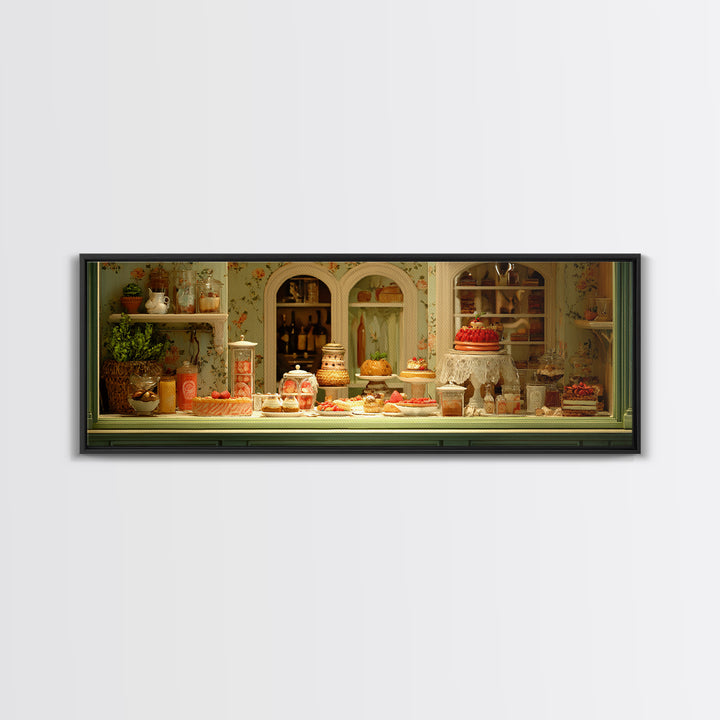 French Patisserie Window Display of Pastel Pastries Canvas Print, Bakery Art, Whimsical Wall Art, Bakery Decor, Patisserie, BAK-3x1-90