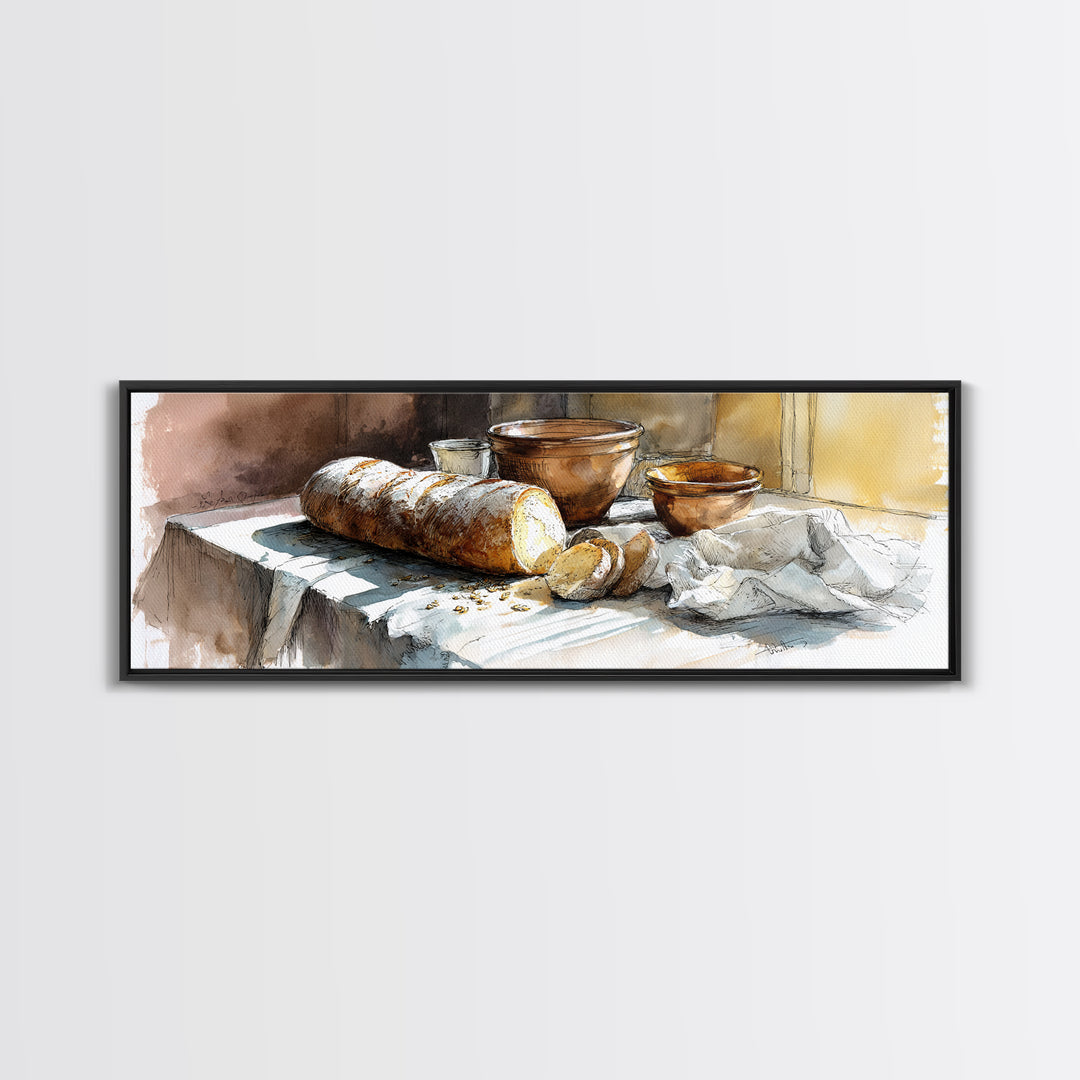 Rustic Loaf of Bread Canvas Print, Bakery Art, Kitchen Wall Art, Bakery Decor, Oil Painting, Patisserie, Digital Download Art, BAK-3x1-92