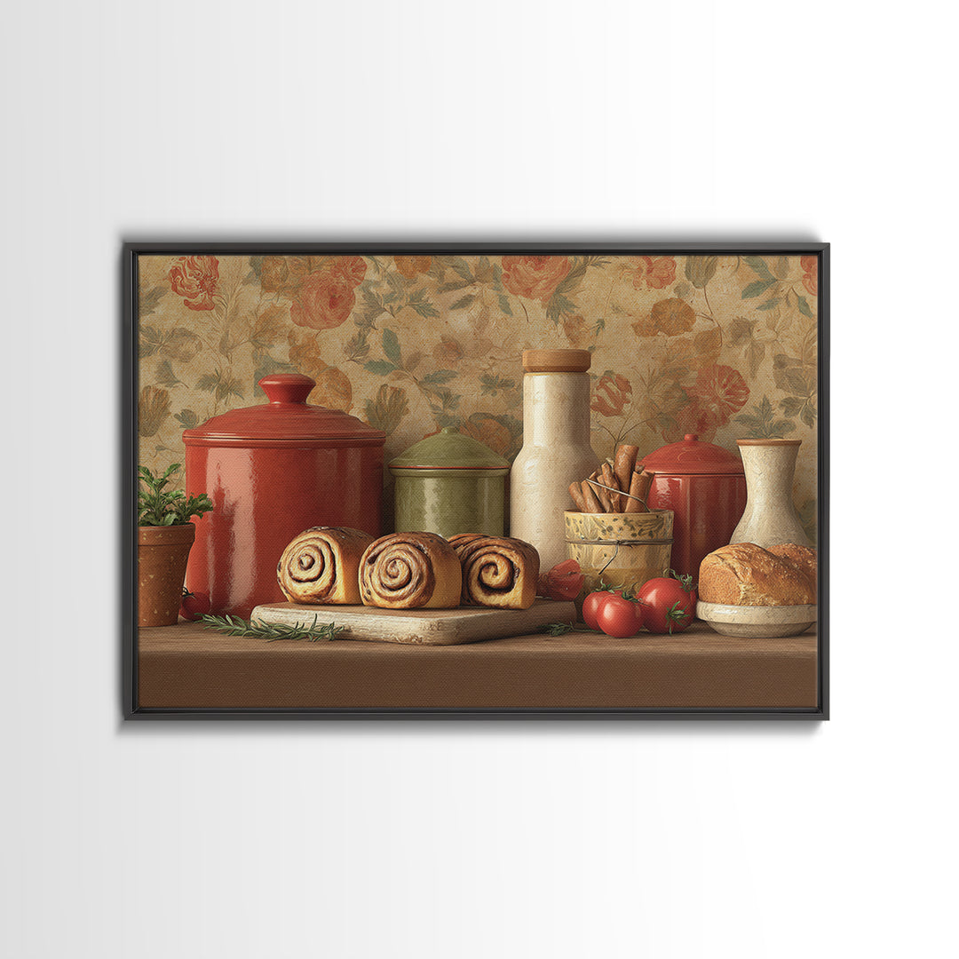 Cinnamon Rolls in a Warm Country Kitchen Framed Canvas Print, Bakery Art, Digital Download Art, Bakery Decor, Patisserie, BAK-3x2-15