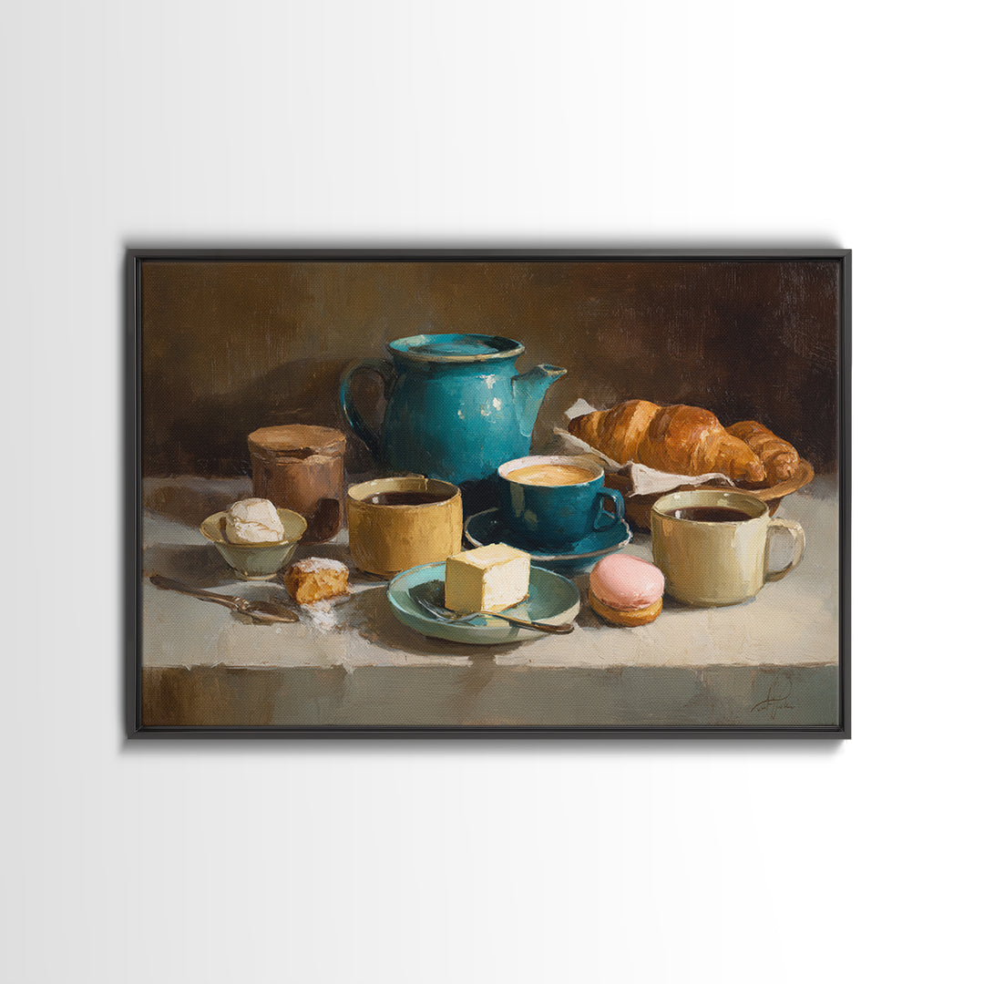 Painterly Eclair and Coffee Still Life Canvas Print, Bakery Art, Aesthetic Wall Art, Bakery Decor, Watercolor Art, Patisserie, BAK-3x2-16
