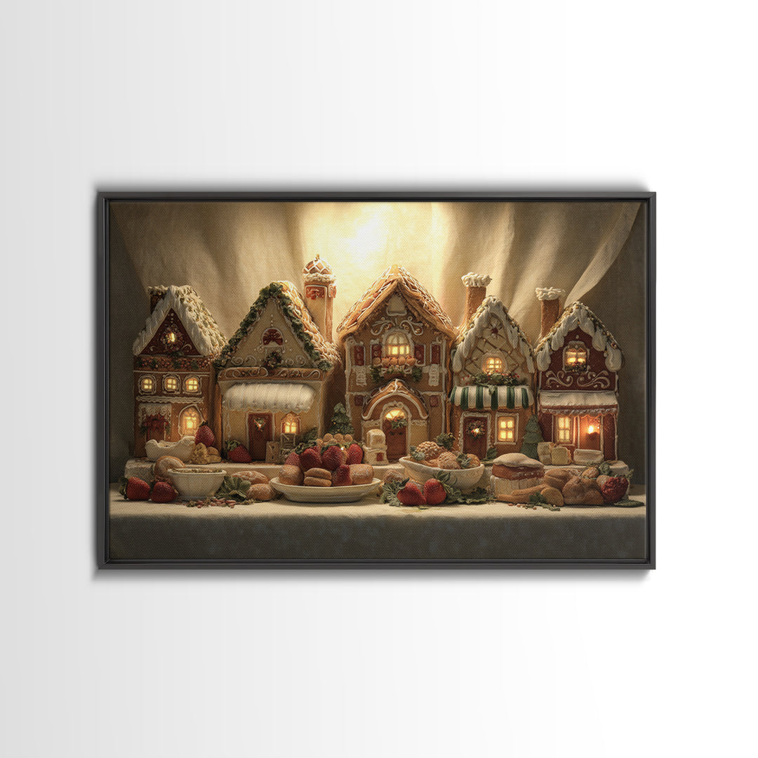 Gingerbread Houses in Charming Folk Art Style Framed Canvas Print, Bakery Art, Watercolor Art, Bakery Decor, Patisserie, BAK-3x2-18