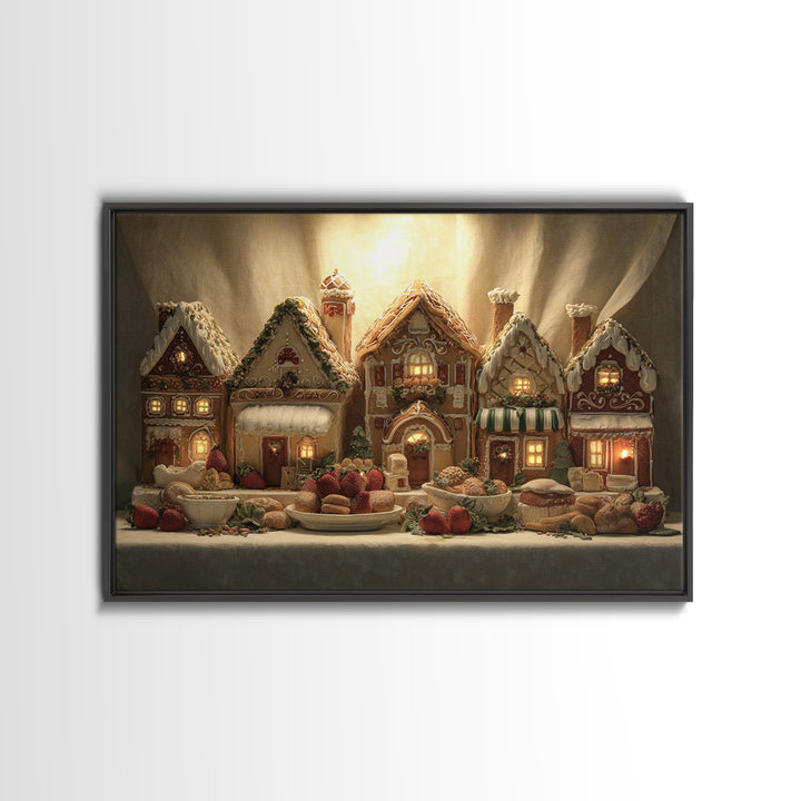 Gingerbread Houses in Charming Folk Art Style Framed Canvas Print, Bakery Art, Watercolor Art, Bakery Decor, Patisserie, BAK-3x2-18
