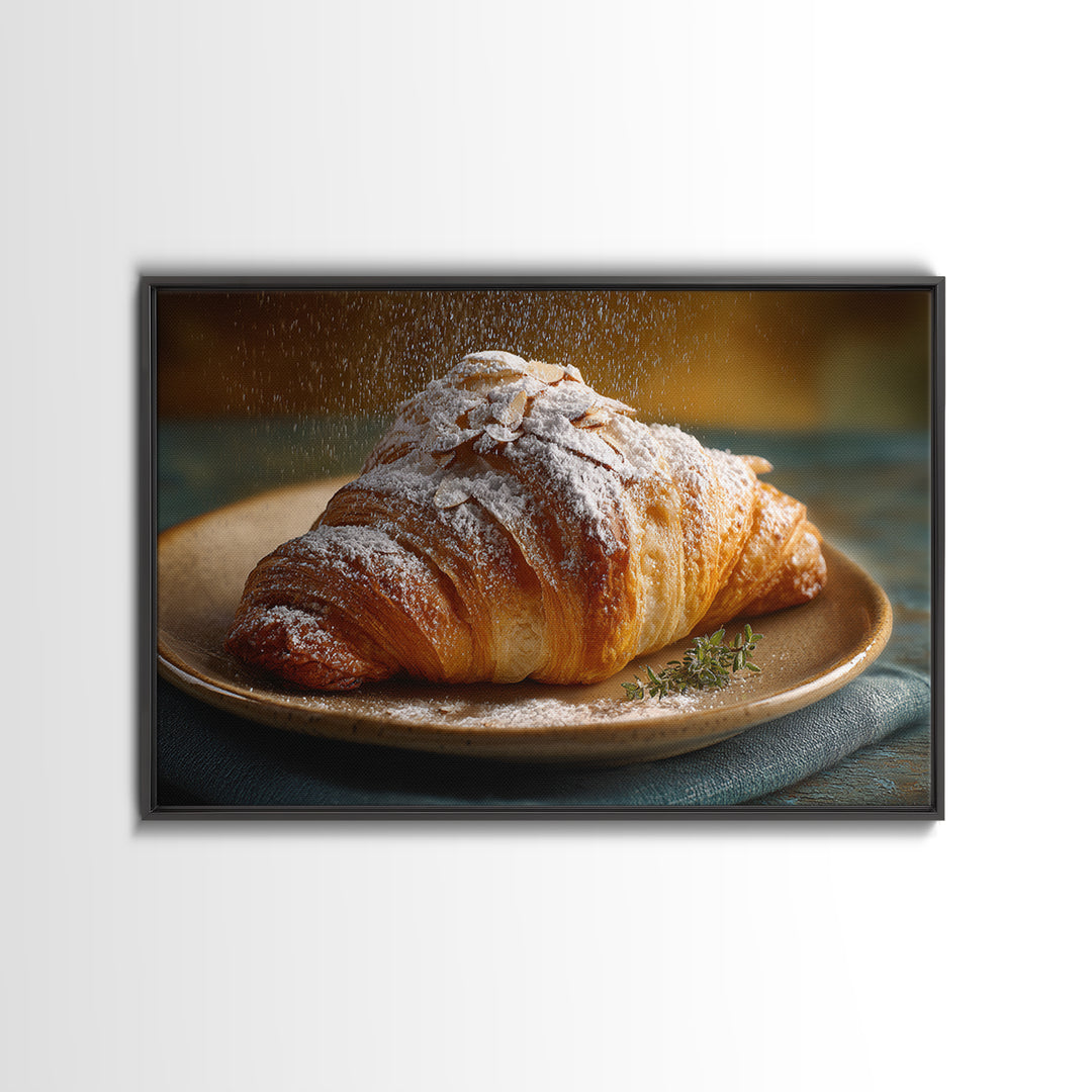 Almond Croissant Closeup Framed Canvas Print, Bakery Art, Statement Artwork, Bakery Decor, Fine Art, Patisserie, Art Print, BAK-3x2-19