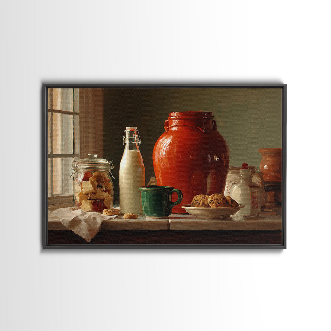 Milk Bottle and Cookies Nostalgic Still Life Framed Canvas Print, Bakery Art, Kitchen Art, Bakery Decor, Fine Art, Patisserie, BAK-3x2-2