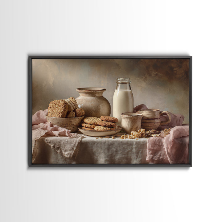 Milk Bottle and Cookies Nostalgic Still Life Canvas Print, Bakery Art, Food Art, Bakery Decor, Watercolor Art, Patisserie, BAK-3x2-26