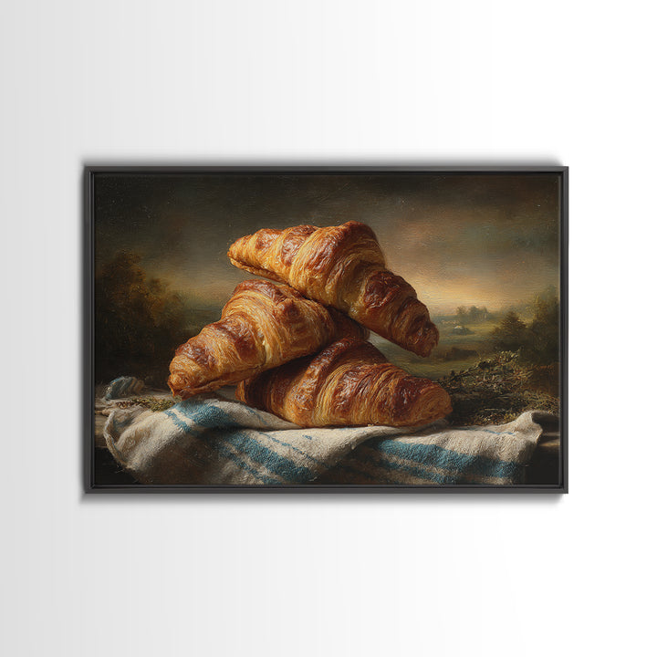 Buttery Croissants Stacked on Striped Linen Canvas Print, Bakery Art, Modern Decor, Bakery Decor, Abstract Art, Patisserie, BAK-3x2-29
