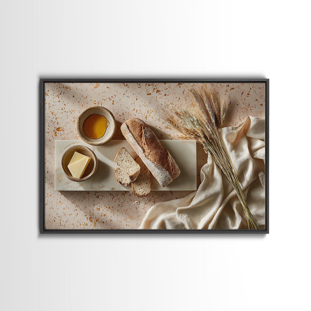 Baguette and Butter Still Life on Marble Framed Canvas Print, Bakery Art, Kids Art, Bakery Decor, Fine Art, Patisserie, BAK-3x2-36