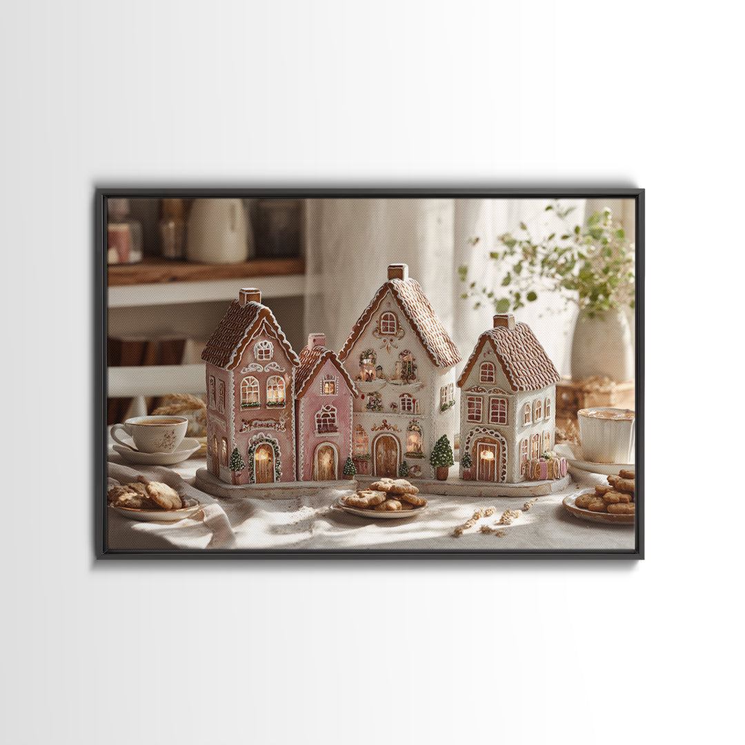 Gingerbread Houses in Charming Folk Art Style Canvas Print, Bakery Art, Digital Download Art, Bakery Decor, Patisserie, BAK-3x2-42
