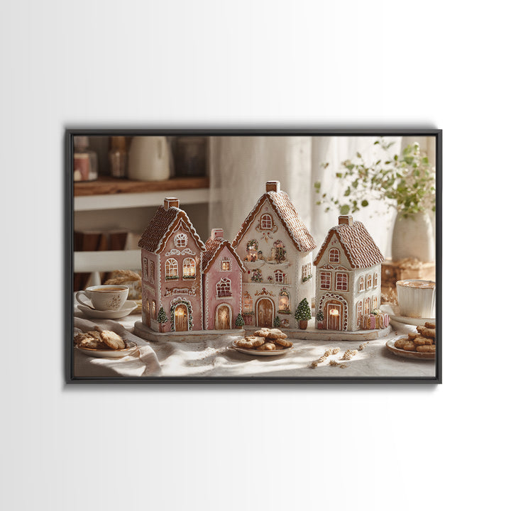 Gingerbread Houses in Charming Folk Art Style Canvas Print, Bakery Art, Digital Download Art, Bakery Decor, Patisserie, BAK-3x2-42