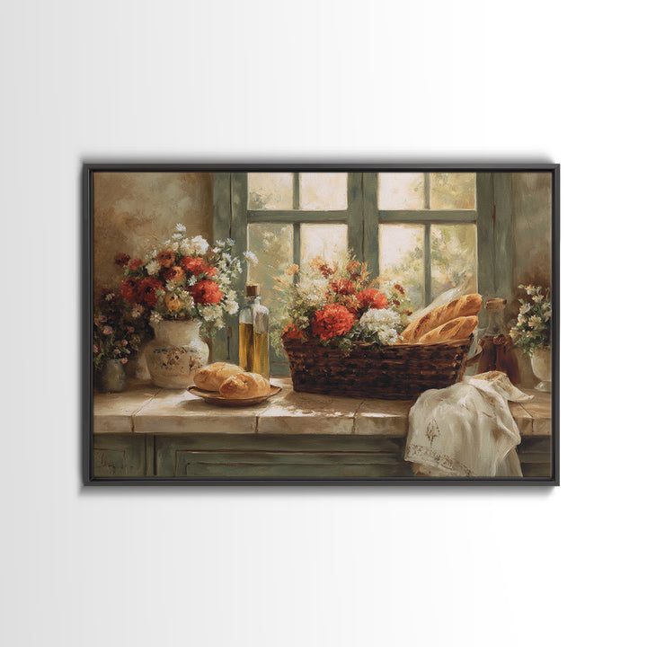 French Market Basket Filled Framed Canvas Print, Bakery Art, Kitchen Art Print, Bakery Decor, Patisserie, Modern Decor, BAK-3x2-46