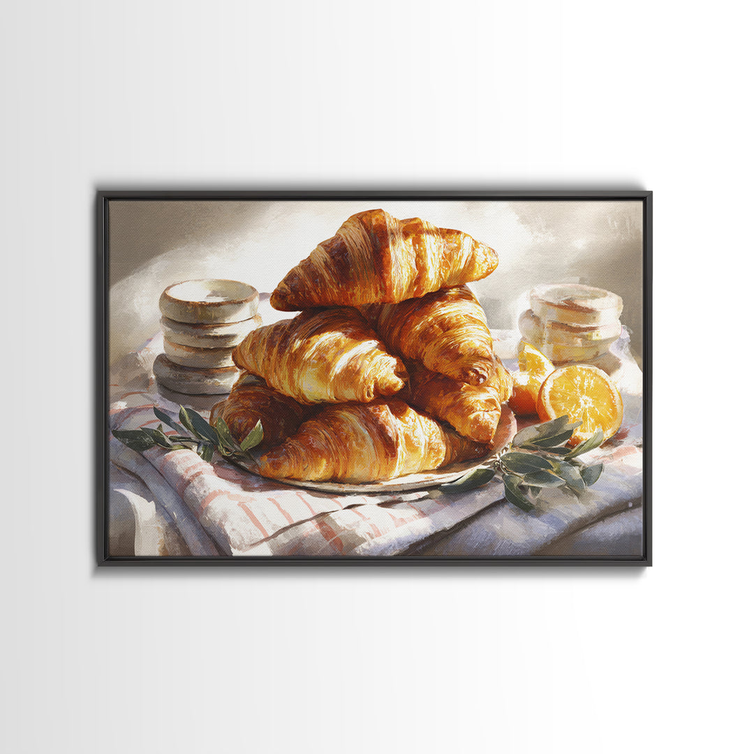Buttery Croissants Stacked on Striped Linen Framed Canvas Print, Bakery Art, Fine Art, Bakery Decor, Patisserie, BAK-3x2-5