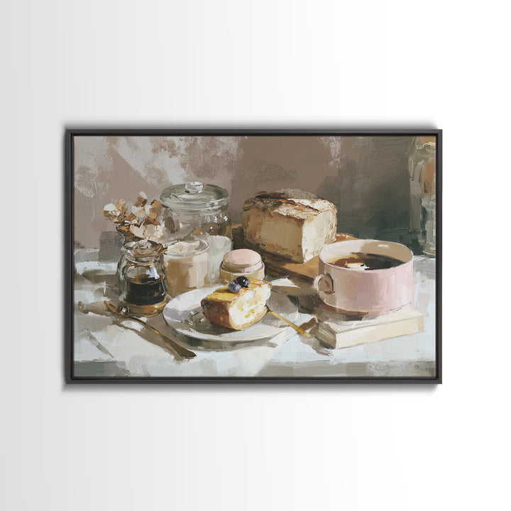 Painterly Eclair and Coffee Still Life Framed Canvas Print, Bakery Art, Bakery Decor, Abstract Art, Patisserie, BAK-3x2-64