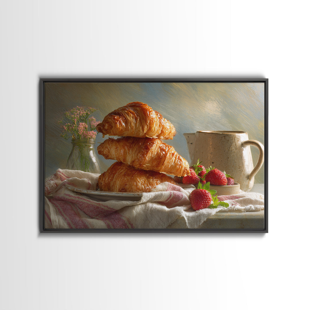 Buttery Croissants Stacked on Striped Linen Framed Canvas Print, Bakery Art, Room Decor, Bakery Decor, Abstract Art, Patisserie, BAK-3x2-77