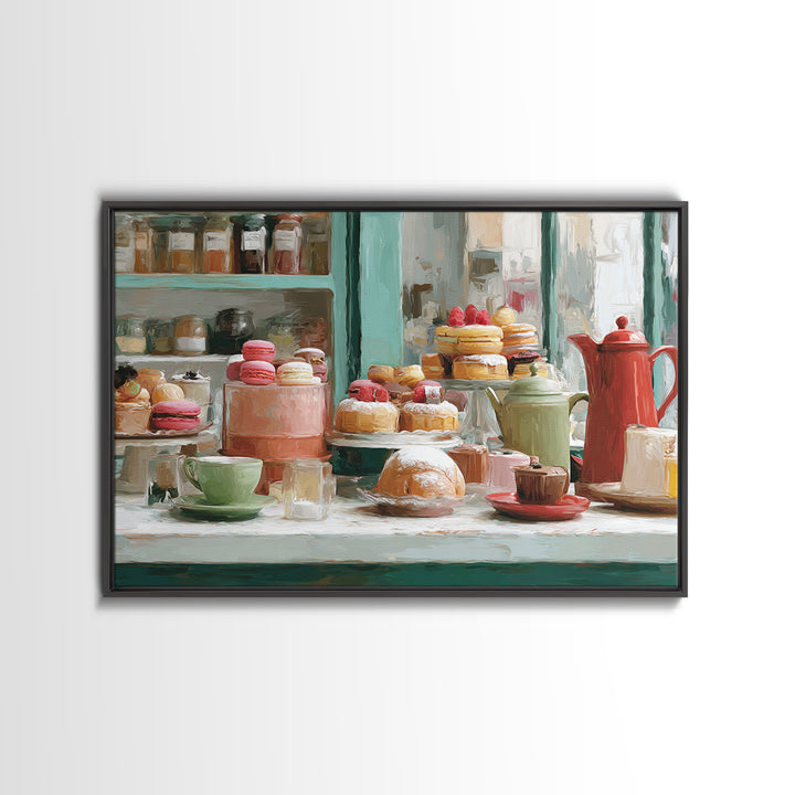 French Patisserie Window Display of Pastel Pastries Framed Canvas Print, Bakery Art, Kids Art, Bakery Decor, Patisserie, BAK-3x2-78