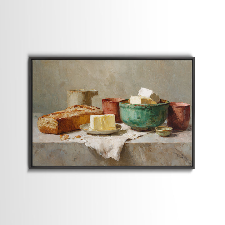 Baguette and Butter Still Life on Marble Canvas Print, Bakery Art, Wall Decor, Bakery Decor, Patisserie, Kitchen Prints, BAK-3x2-84