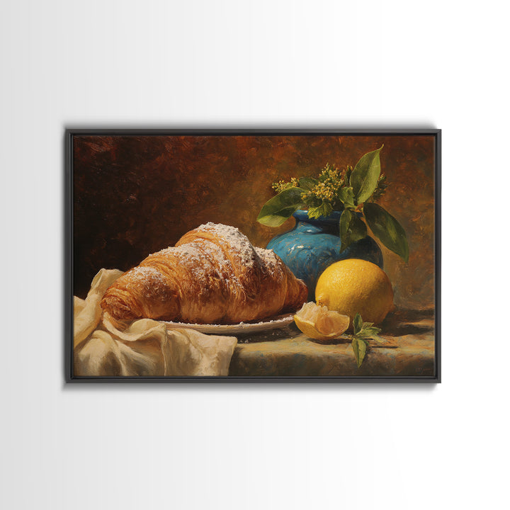 Almond Croissant Closeup Framed Canvas Print, Bakery Art, Kitchen Prints, Bakery Decor, Oil Painting, Patisserie, Fine Art, BAK-3x2-91