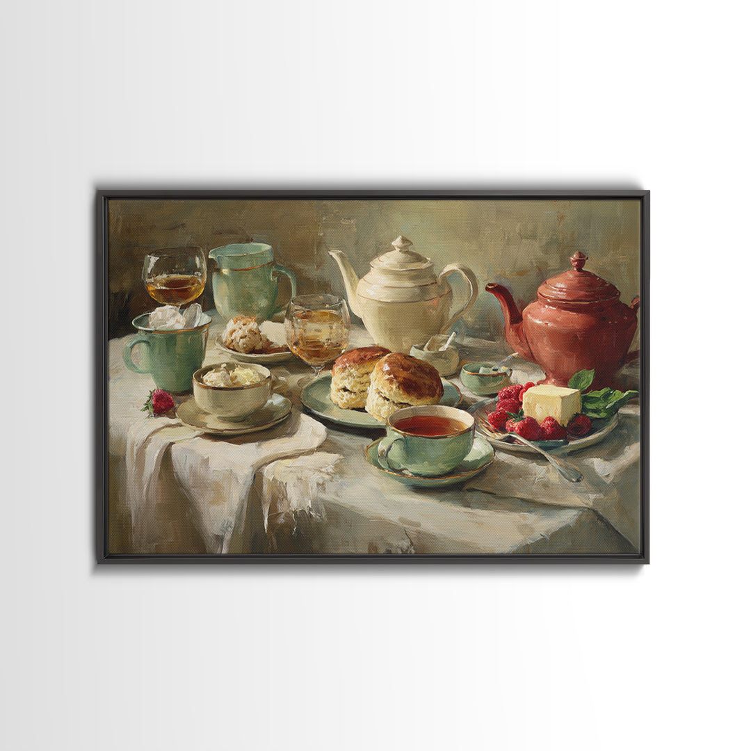 Tea and Scone Arrangement Framed Canvas Print, Bakery Art, Printable Wall Art, Bakery Decor, Patisserie, Coffee Wall Art, BAK-3x2-96
