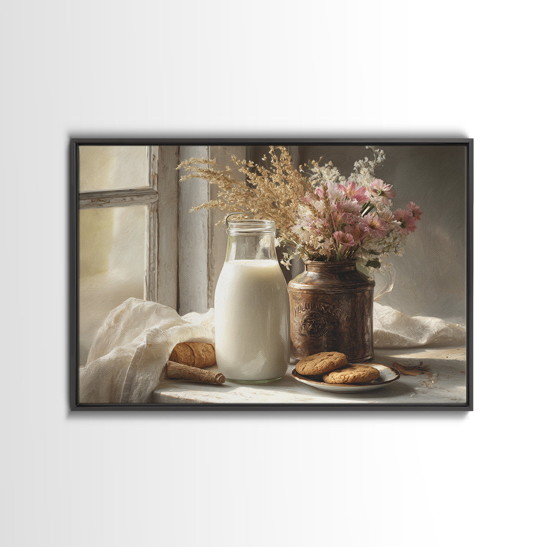 Milk Bottle and Cookies Nostalgic Still Life Canvas Print, Bakery Art, Fine Art, Bakery Decor, Patisserie, Textured Painting, BAK-3x2-98