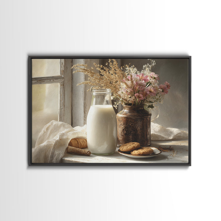 Milk Bottle and Cookies Nostalgic Still Life Canvas Print, Bakery Art, Fine Art, Bakery Decor, Patisserie, Textured Painting, BAK-3x2-98