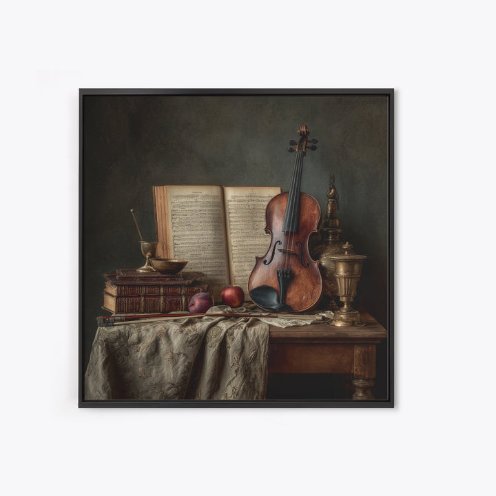 Baroque Violin and Sheet Music Still Life Framed Canvas Print, Baroque Art, Digital Wall Art, Living Room Decor, Ornate, BAO-1x1-11