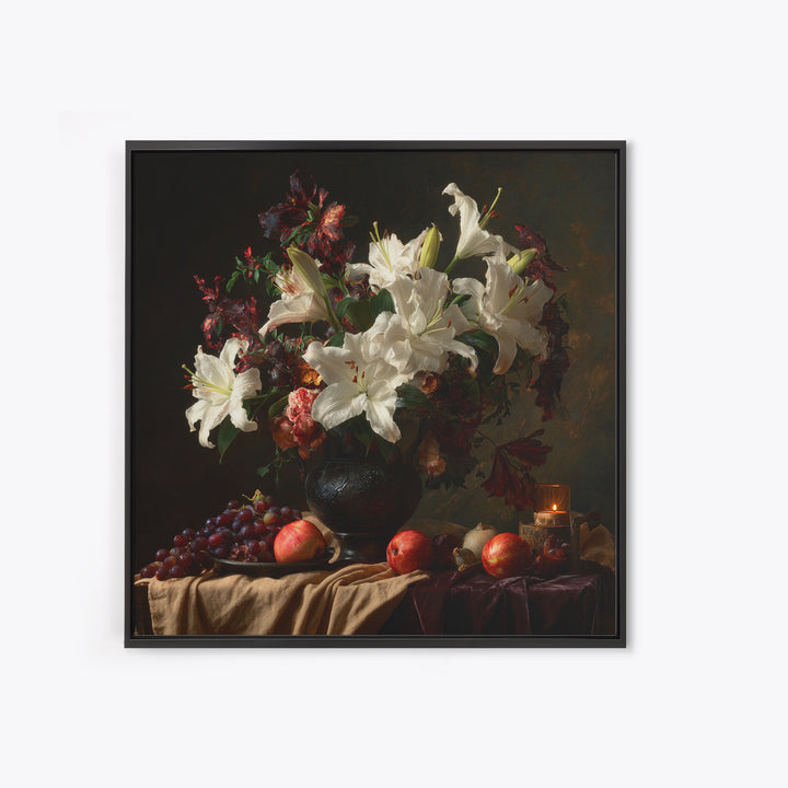 Dramatic White Lilies Framed Canvas Print, Baroque Art, Painting, Living Room Decor, Fine Art, Ornate, Living Room Wall Art, BAO-1x1-12