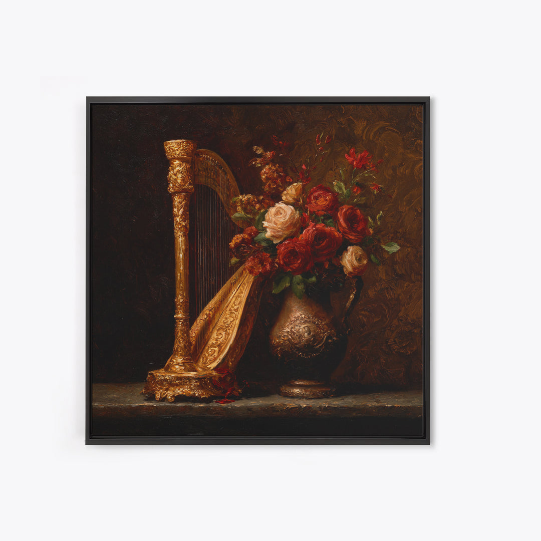 Golden Harp and Roses Canvas Print, Baroque Art, Printable Art, Living Room Decor, Ornate, Gallery Wall, Dark Academia Art, BAO-1x1-18