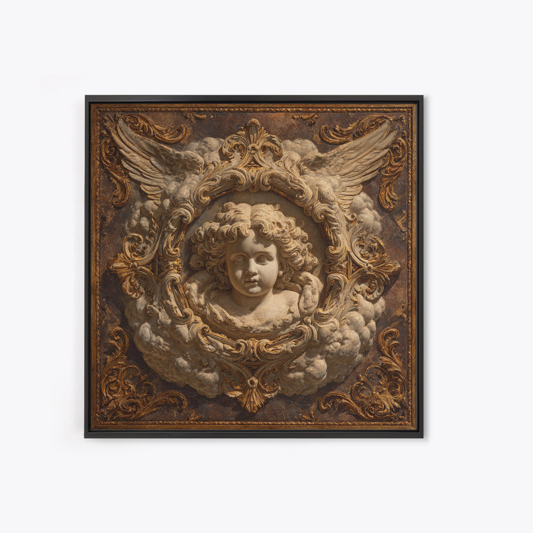 Ornate Cherub Figure Surrounded by Clouds and Framed Canvas Print, Baroque Art, Whimsical Decor, Living Room Decor, Ornate, BAO-1x1-2