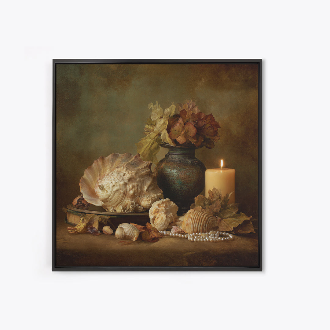 Ornamental Shell and Pearl Composition Canvas Print, Baroque Art, Dark Academia Decor, Living Room Decor, Oil Painting, Ornate, BAO-1x1-22
